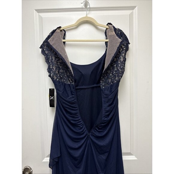 XSCAPE Size 16 Navy Metallic Lace Sleeve Chiffon Ruffled Cascade Gown Dress New - Picture 9 of 12